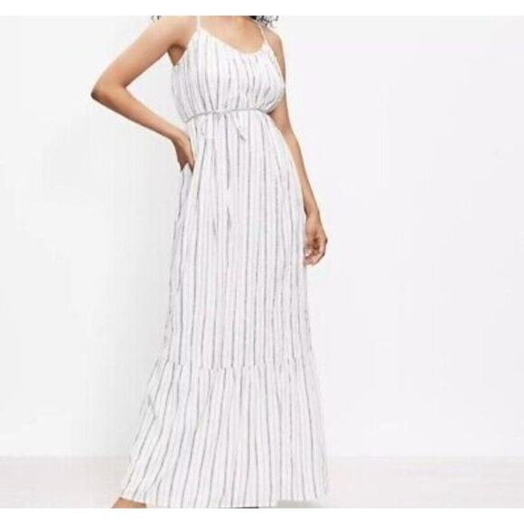 LOFT NWT Shimmer Stripe Tie Back Maxi Dress Boho - Whisper White - Size Medium - Picture 1 of 10